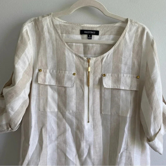 100% LINEN Ellen Tracy Striped Coastal Grandma Neutral Long Tunic Top Size S - Picture 6 of 14